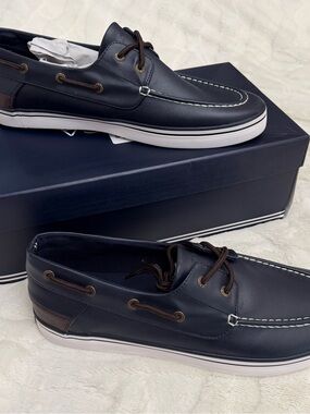 Nautica Navy Leather Boat Shoes with Brown Laces